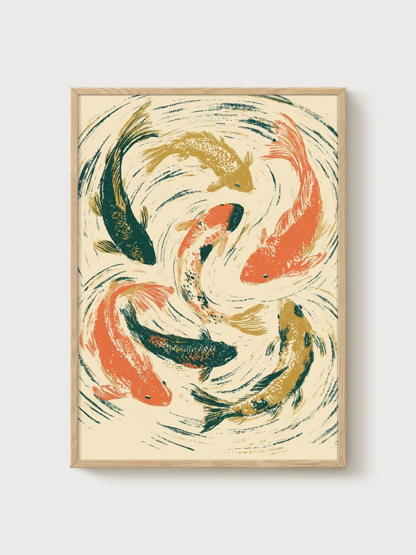 Koi Fish Wall Art poster in oak frame