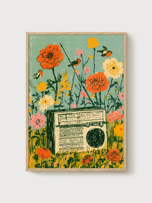 Vintage Radio Flower Garden Print poster in oak frame