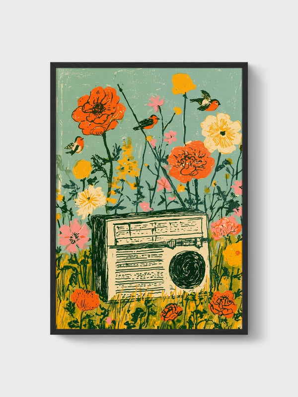 Vintage Radio Flower Garden Print poster in black frame