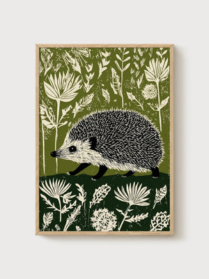 Hedgehog Linocut Print poster in oak frame