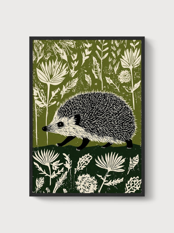 Hedgehog Linocut Print poster in black frame