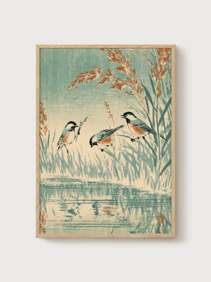 Japanese Bird Art Print poster in oak frame