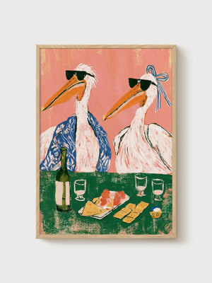 Pelican Picnic Caricature poster in oak frame