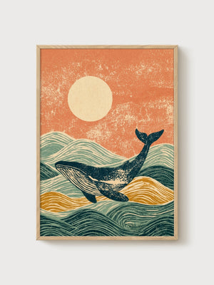 Whale Ocean Wall Art poster in oak frame