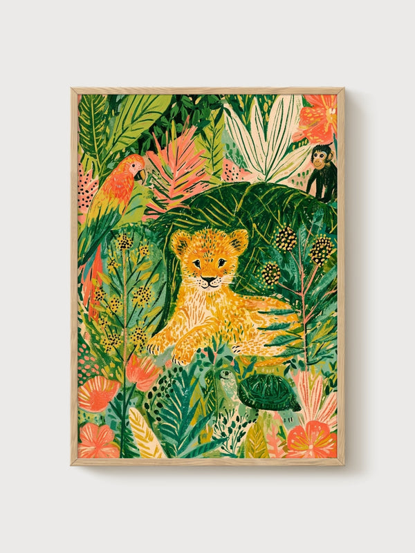 Lion Poster poster in oak frame