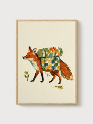 Fox Art Print poster in oak frame