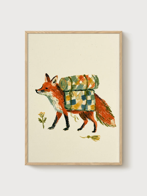 Fox Art Print poster in oak frame