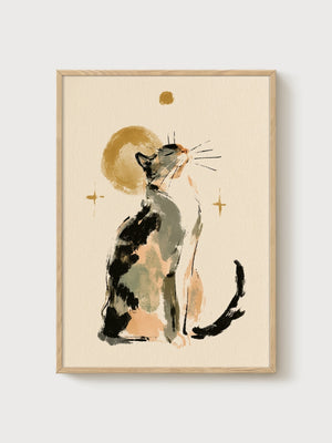 Calico Cat Wall Art poster in oak frame