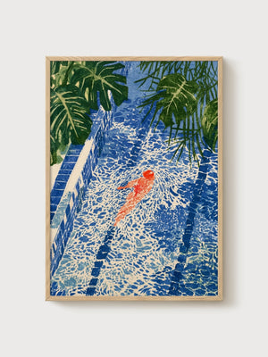 Swimmer Poolside Print poster in oak frame