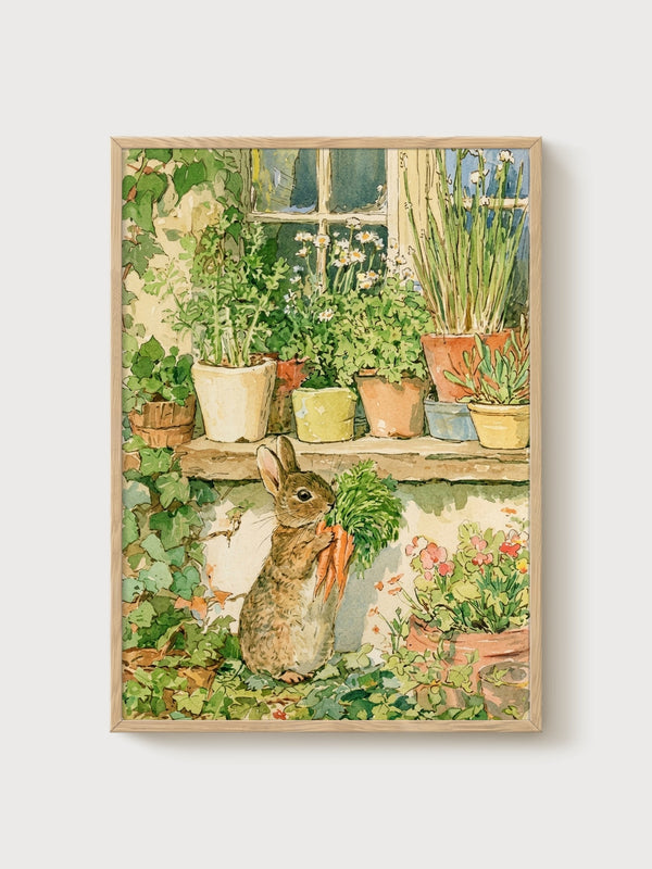 Rabbit Wall Art Watercolor Painting poster in oak frame