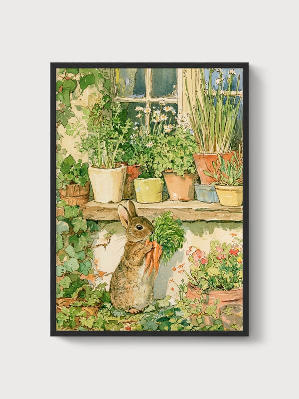 Rabbit Wall Art Watercolor Painting poster in black frame