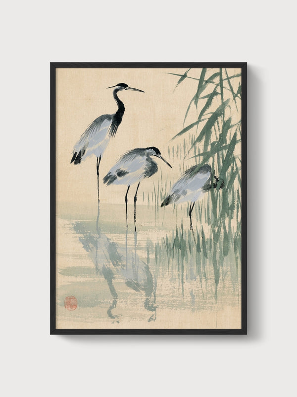Three Herons Ink Wash Painting poster in black frame