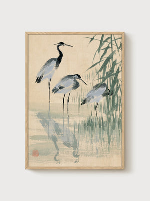 Three Herons Ink Wash Painting poster in oak frame