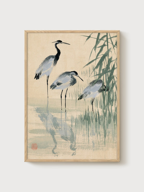 Three Herons Ink Wash Painting poster in oak frame