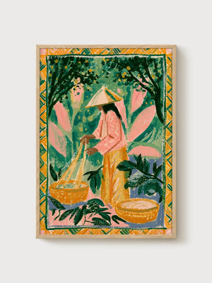 Folk Art Print of Vietnamese Farmer poster in oak frame