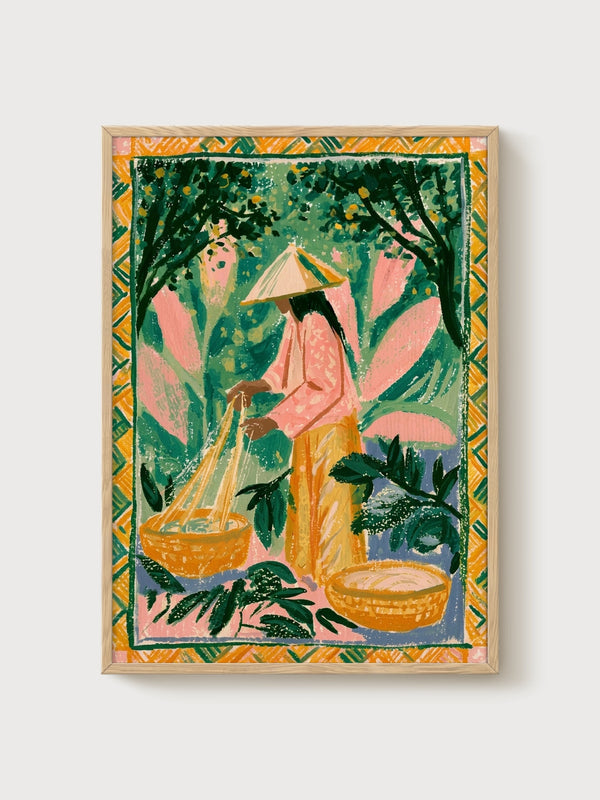 Folk Art Print of Vietnamese Farmer poster in oak frame