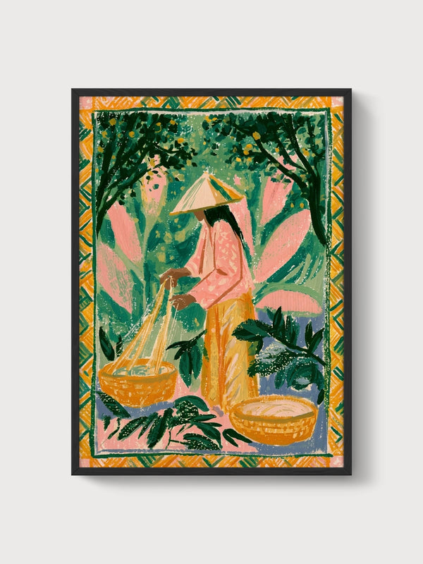 Folk Art Print of Vietnamese Farmer poster in black frame