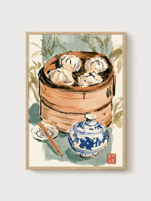 Dim Sum Bamboo Steamer Watercolor Painting poster in oak frame