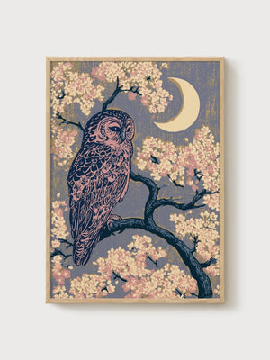 Owl Wall Art poster in oak frame