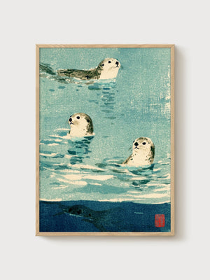Seal Print Watercolor Ocean Art poster in oak frame