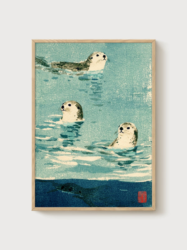 Seal Print Watercolor Ocean Art poster in oak frame