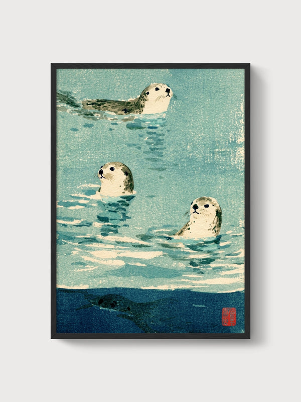 Seal Print Watercolor Ocean Art poster in black frame