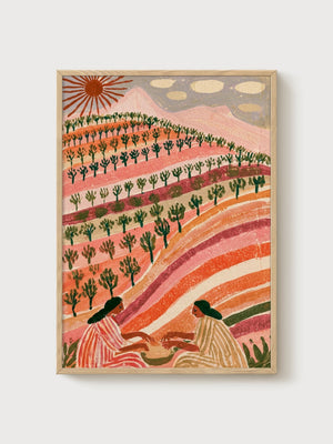 Terraced Hillside Painting poster in oak frame