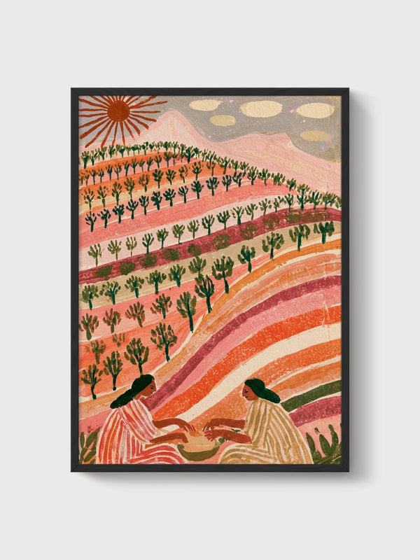 Terraced Hillside Painting poster in black frame