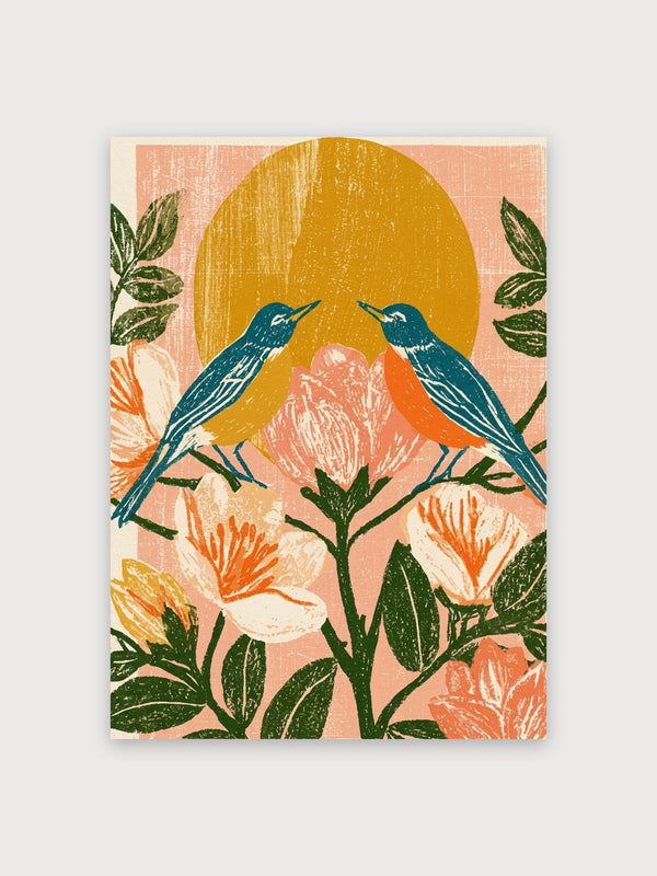 Blue Birds Tropical Flowers Retro Sun - Digital Download