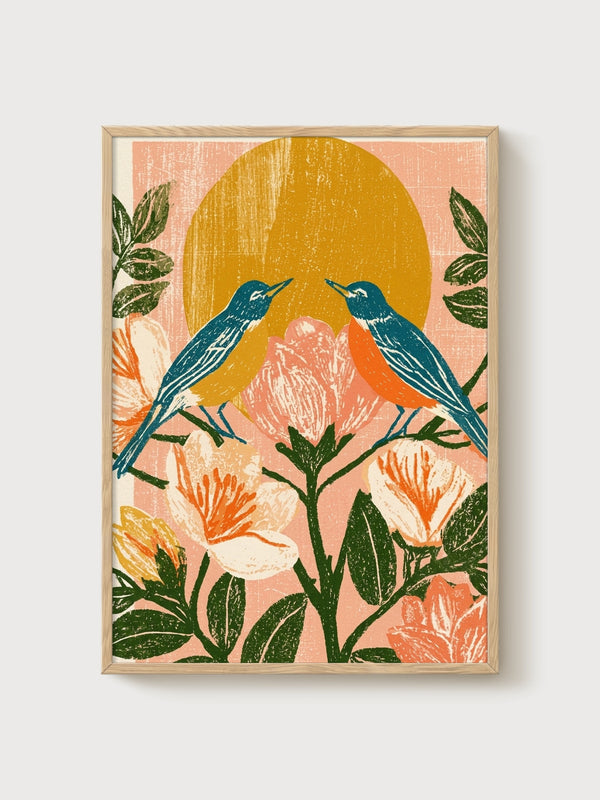 Bird Wall Art poster in oak frame