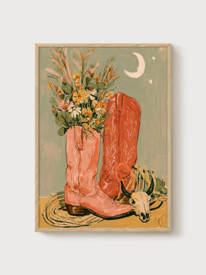 Cowboy Boots Bouquet Print with Cow Skull and Moon poster in oak frame