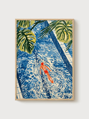 Poolside Swimmer Art Nouveau Print poster in oak frame