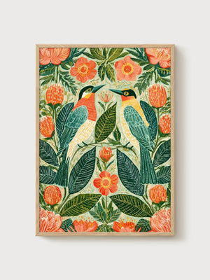 Folk Art Birds Print poster in oak frame