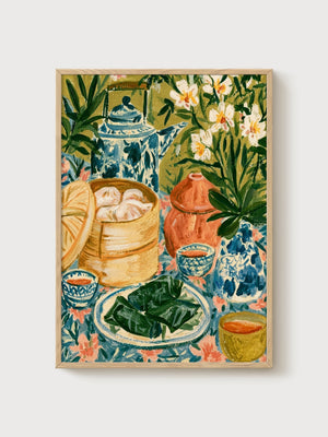Dim Sum Tea Still Life Print poster in oak frame