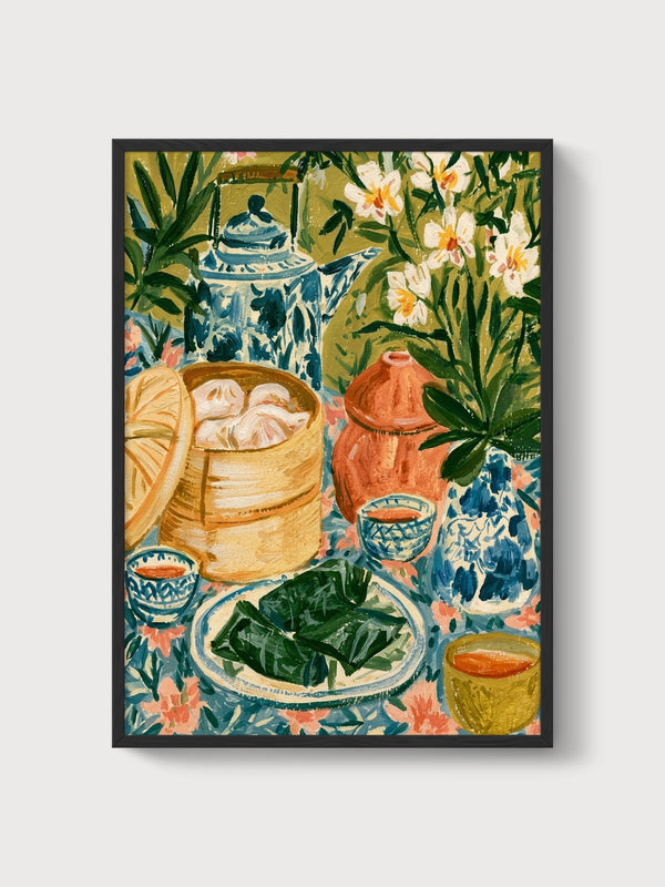 Dim Sum Tea Still Life Print poster in black frame
