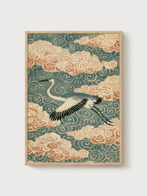 Crane Art Print poster in oak frame