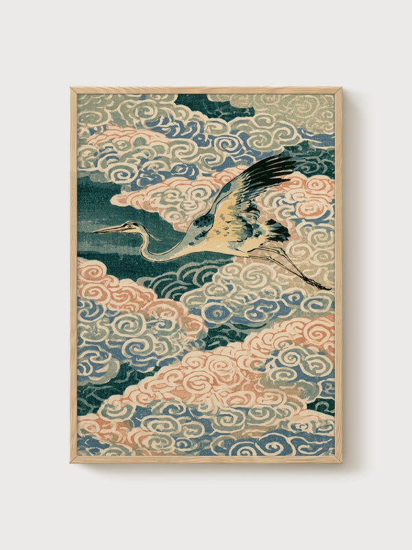 Crane Ukiyo E Wall Art poster in oak frame