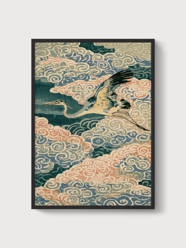 Crane Ukiyo E Wall Art poster in black frame