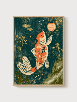 Koi Fish Wall Art poster in oak frame