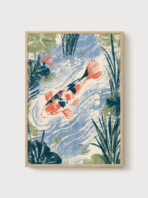 Koi Fish Wall Art poster in oak frame