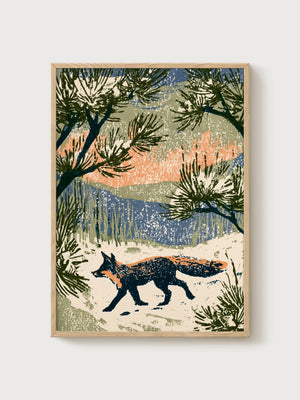 Fox Art Print poster in oak frame