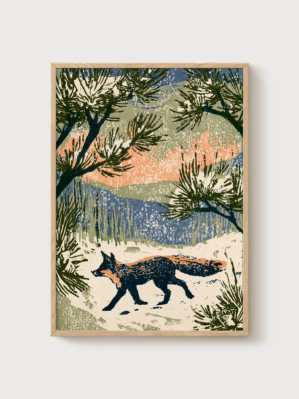 Fox Art Print poster in oak frame