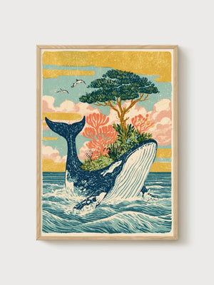 Whale Ocean Wall Art poster in oak frame