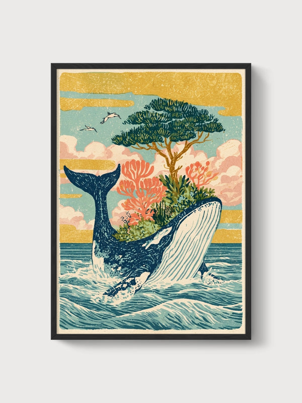 Whale Ocean Wall Art poster in black frame