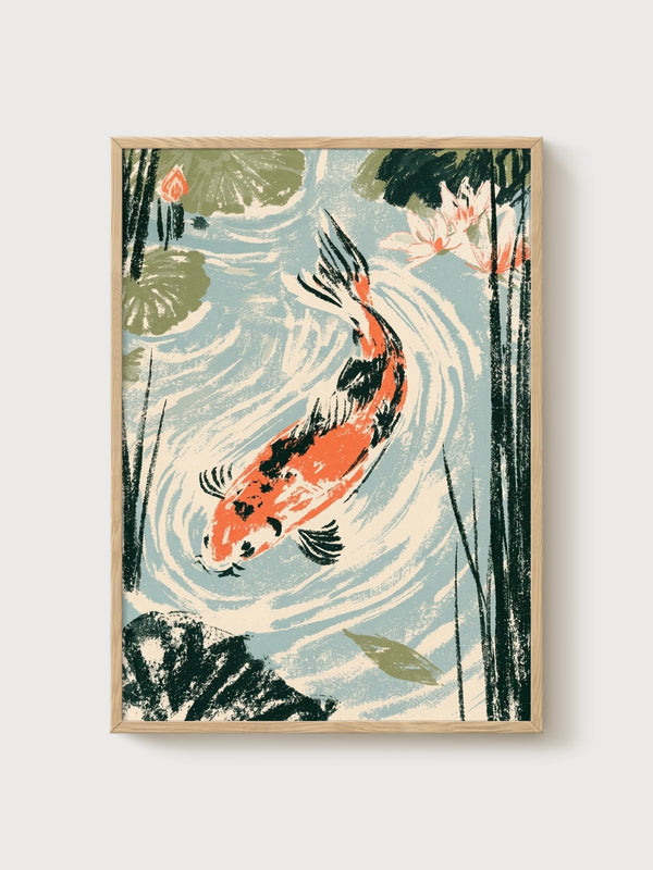 Koi Fish Wall Art poster in oak frame