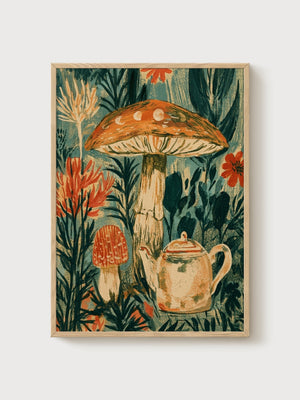 Mushroom Wall Art poster in oak frame