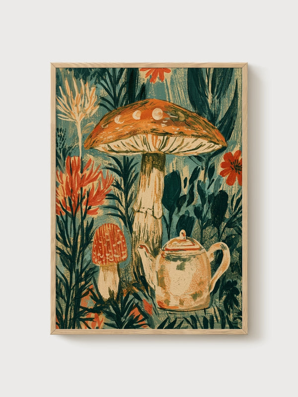 Mushroom Wall Art poster in oak frame