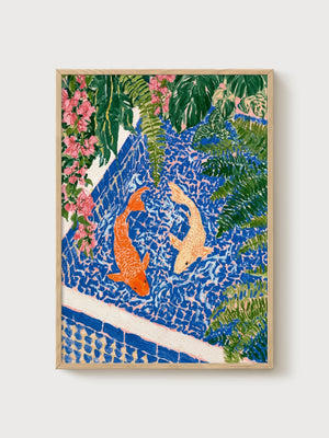 Koi Fish Wall Art poster in oak frame