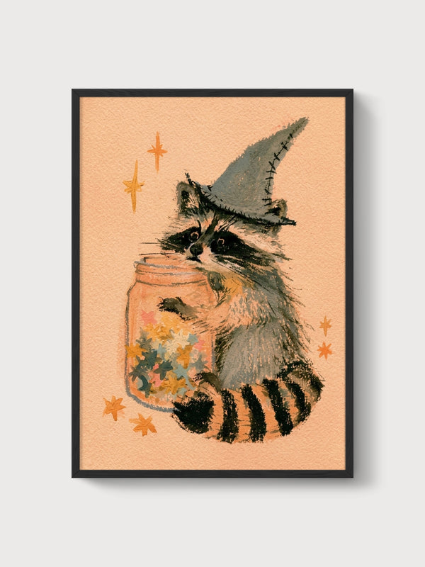 Witch Hat Raccoon Watercolor Print poster in black frame