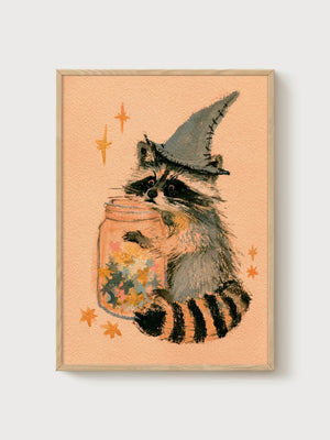 Witch Hat Raccoon Watercolor Print poster in oak frame
